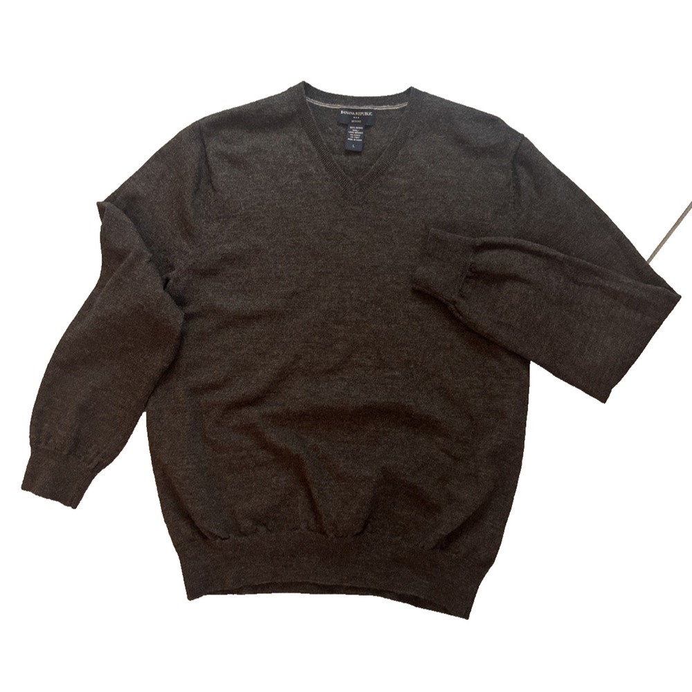 VTG Banana Republic Mens L 100% Merino Wool V-Neck Brown‎ Pullover Knit Sweater